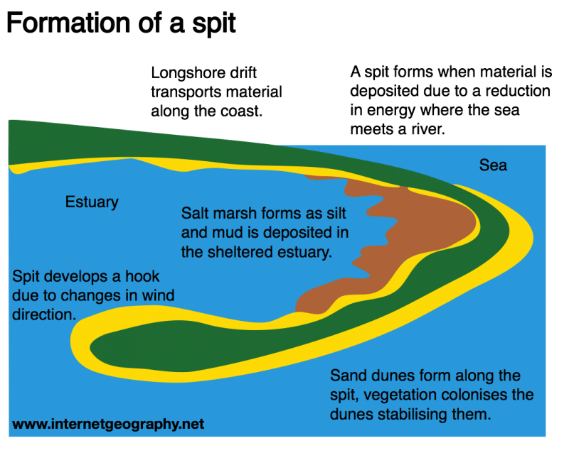 Produce an annotated diagram to show the main features of a spit