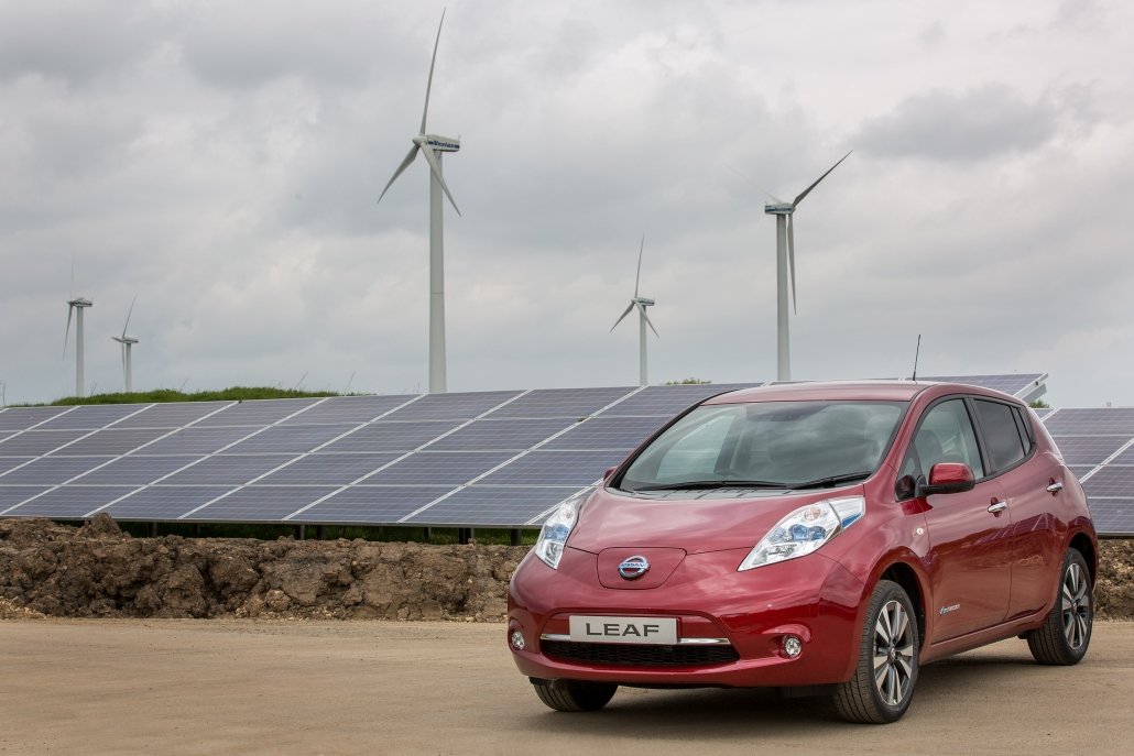 Wind turbines, solar panels and the Nissan Leaf at the Nissan factory, Sunderland