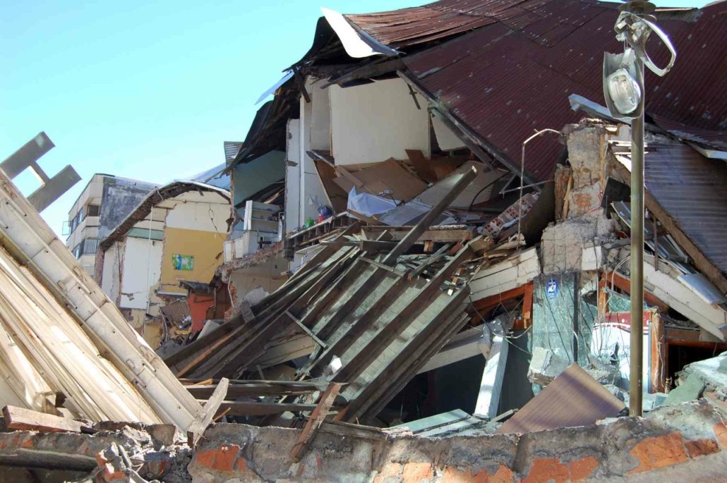 Damage done to houses in Concepcion city, Chile by the 2010 magnitude 8.8 earthquake.