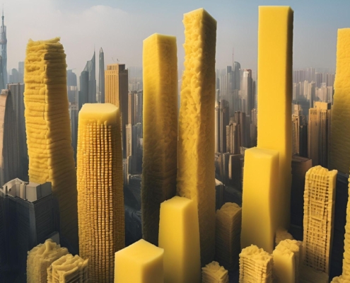 AI generated image of a city showing tall buildings made from sponge