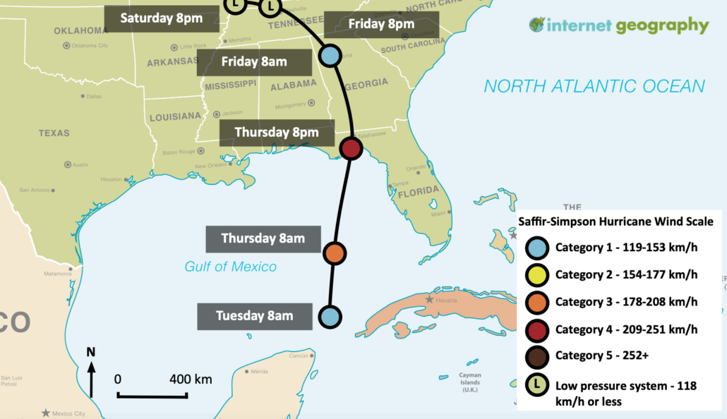 A map showing the path of Hurricane Helena 