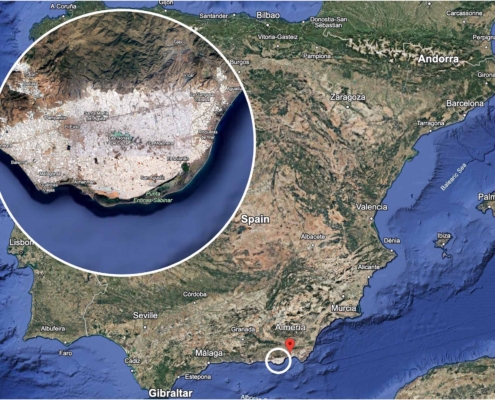 A satellite image showing an area close to Almeria, Spain.