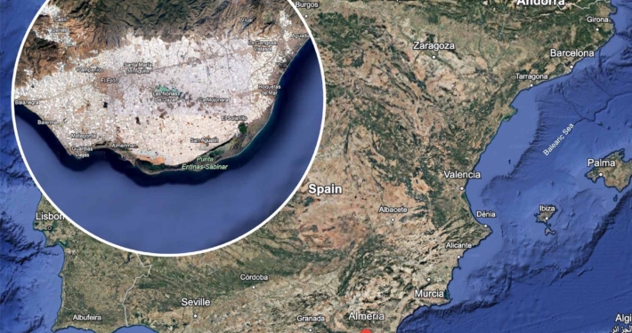 A satellite image showing an area close to Almeria, Spain.