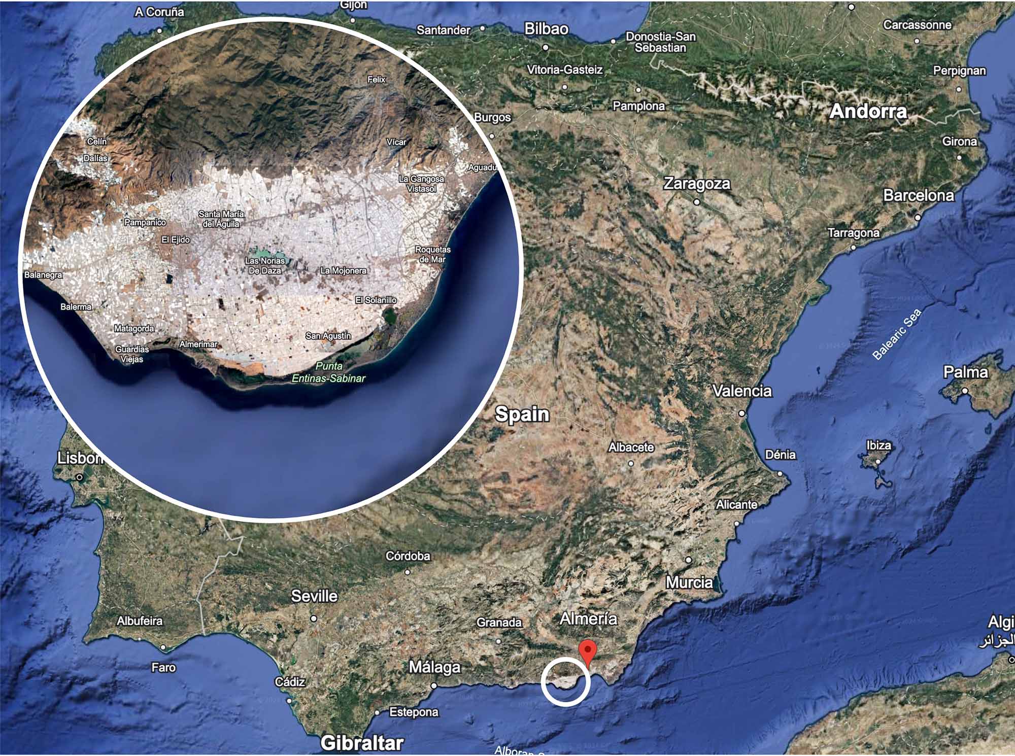 A satellite image showing an area close to Almeria, Spain. 